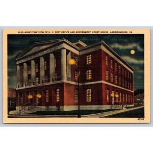 Postcard Virginia Harrisonburg Post Office & Government Court House Full Moon VA